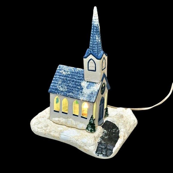 Vintage Christmas Village Snowy Church Chapel 2 Piece Lighted Blue White 11.5" - Picture 5 of 12